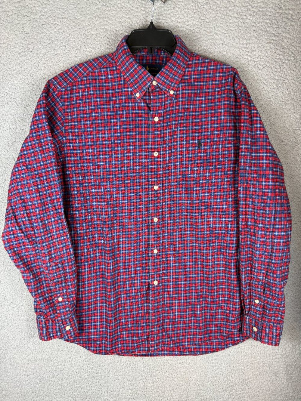 Ralph Lauren Men’s XL Plaid Button Down Shirt Red Blue Pony 100% Cotton